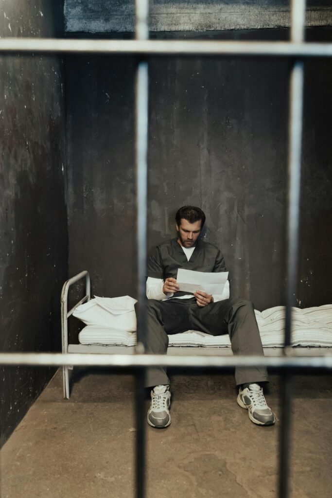 A man in prison uniform reads a letter in a dimly lit jail cell.